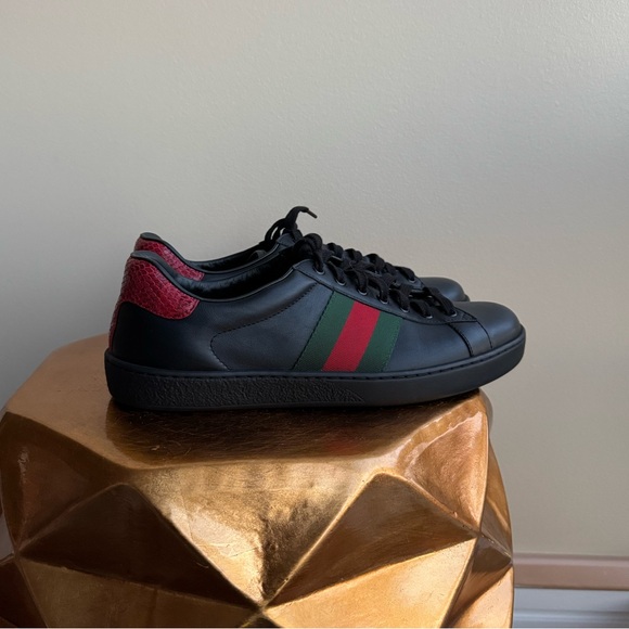 NWT Gucci Ace Black Leather Sneakers with Red and Green Stripe, Size Men’s 8.5-9 - Picture 12 of 14